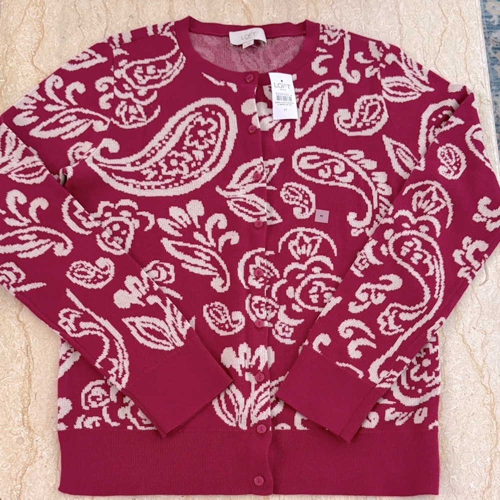 LOFT Soft Burgundy and Creamy White Paisley Button Down Shirt